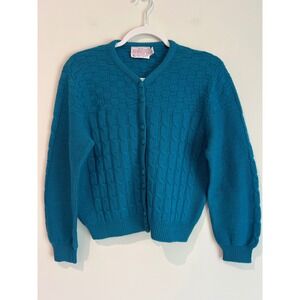 Vintage‎ Pendleton Petite Wool Cardigan Green Blue Cable Knit Button Up Large(P)